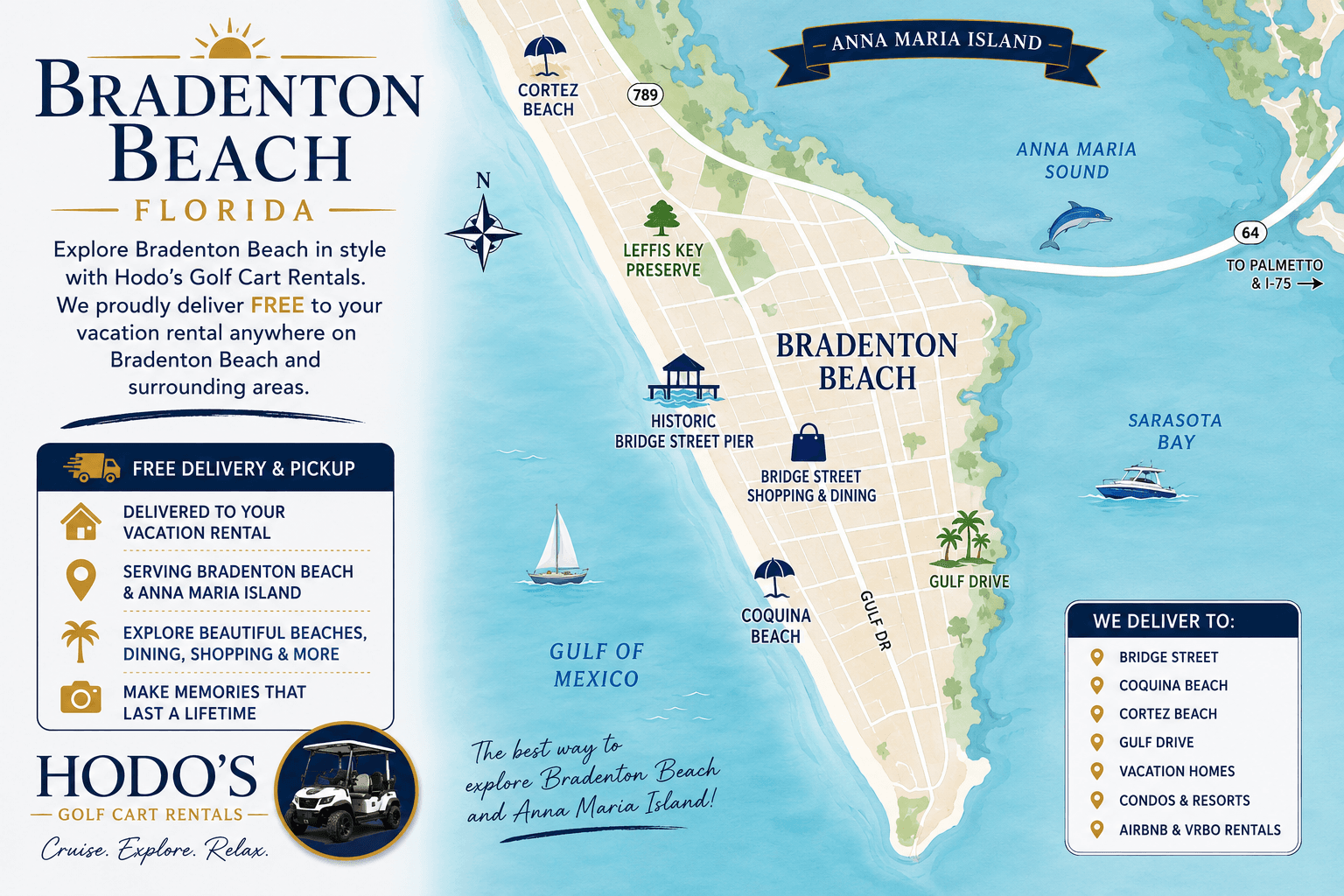 Map of Bradenton Beach showing golf cart rental delivery areas including Bridge Street, Coquina Beach, Cortez Beach and Leffis Key Preserve