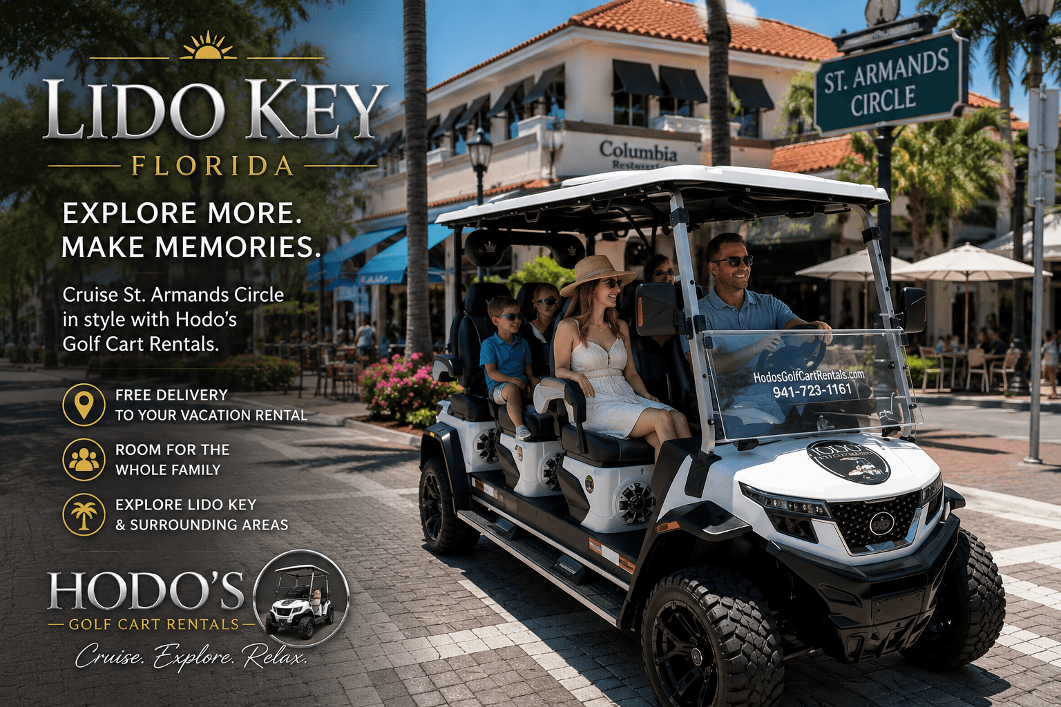 Family cruising St. Armands Circle on Lido Key in a Hodo's golf cart rental