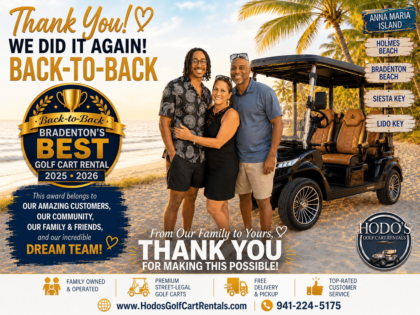 Hodo's Golf Cart Rentals — Back-to-Back Bradenton's Best 2025 & 2026, thank you to our family and customers