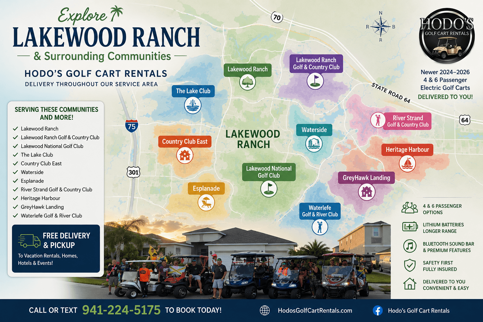 Map of Lakewood Ranch and surrounding communities showing golf cart rental delivery areas including Lakewood National, River Strand, Heritage Harbour and GreyHawk Landing