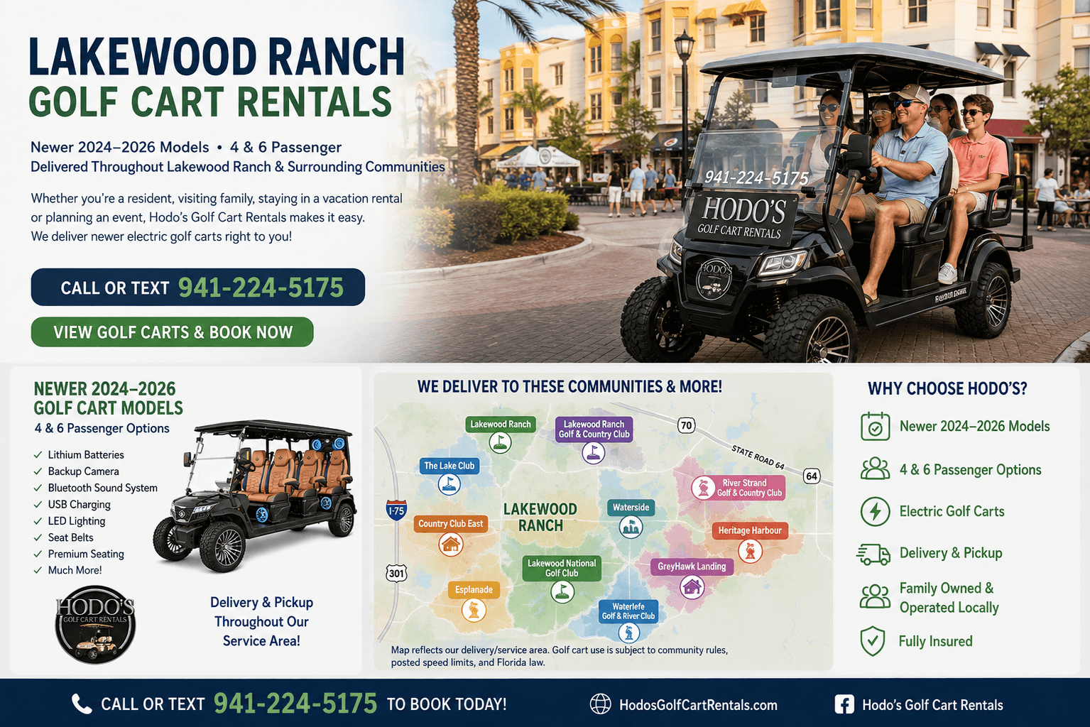 Lakewood Ranch golf cart rental delivery service and surrounding communities